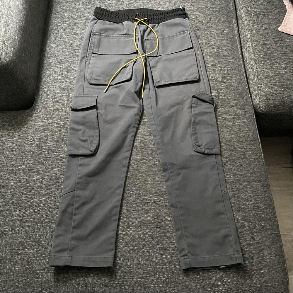 Rhude Gray Cargo Pants with Yellow Drawstring